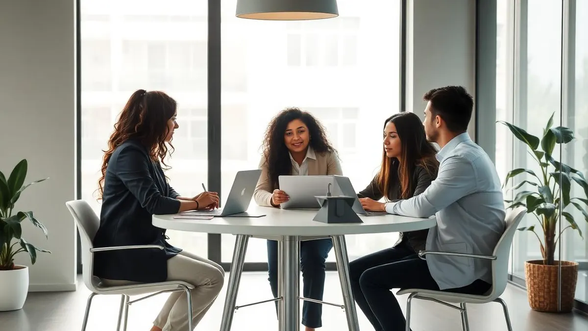 Equipe de uma empresa em crescimento reunida em sala de reunião