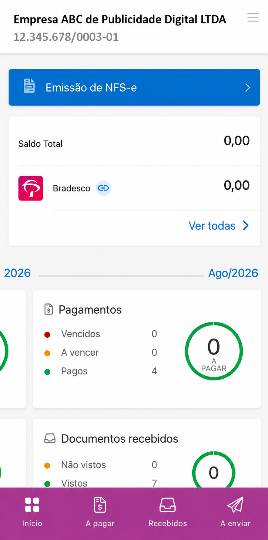 Print real do App Exvance mostrando saldo total, conta bancária, pagamentos, documentos recebidos e documentos a enviar